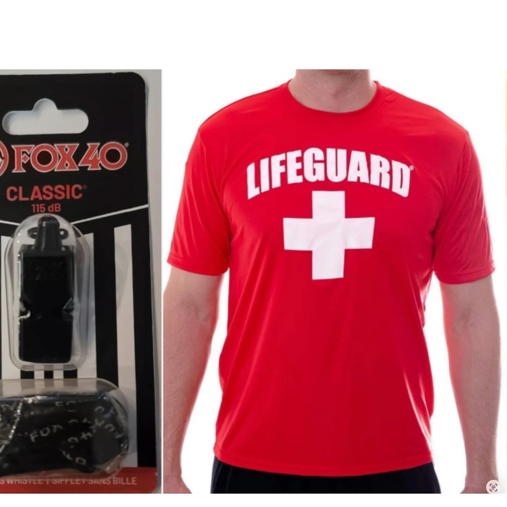 New LICENSED Whistle & Lifeguard Set T-Shirt Dry-Fit Knit RED w/White Cross M